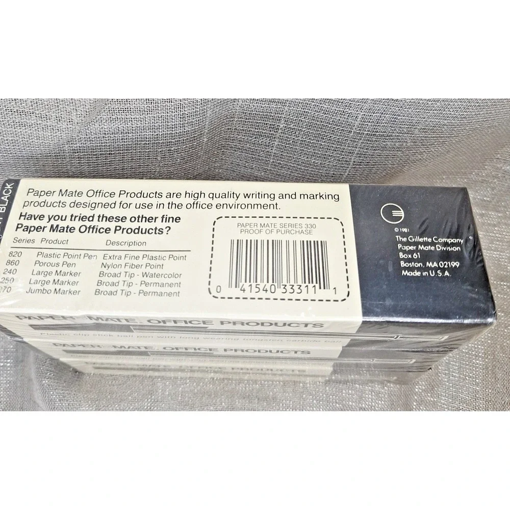 3 Sealed Boxes '80s Paper Mate 330 Plastic Clip Stick Ball Pens 333-11 Med Black